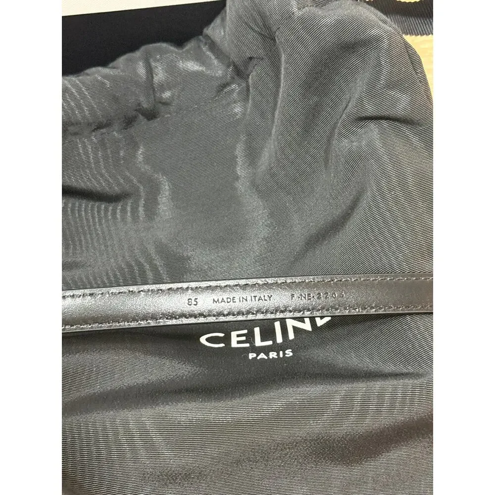 CELINE Thin Plate Belt 13mm Black Taurillon Leather Gold Size 85 NIB